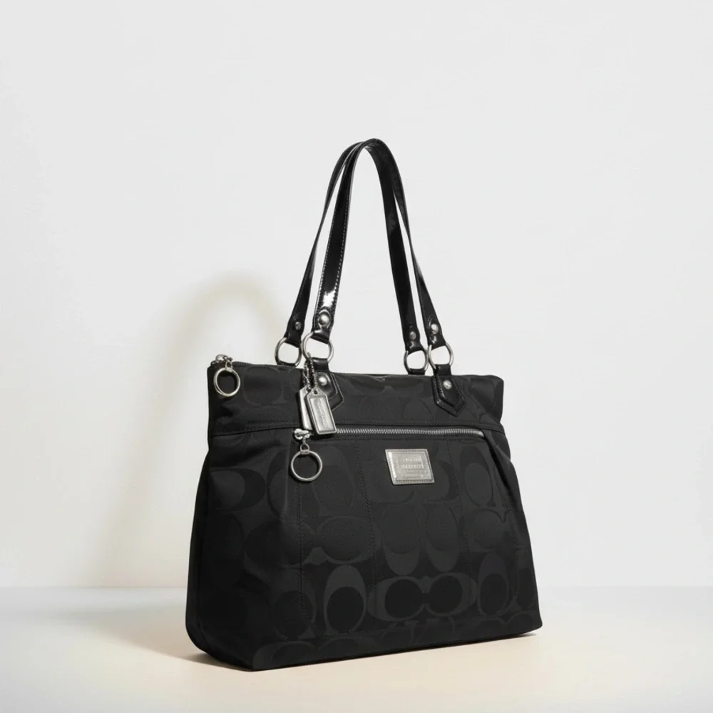 ✨ Coach Poppy Black Signature Tote Pink Satin Lining Patent Trim EUC